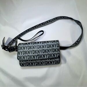 DKNY Logo Belt Bag Crossbody Wallet Black Gray Monogram Adjustable Strap